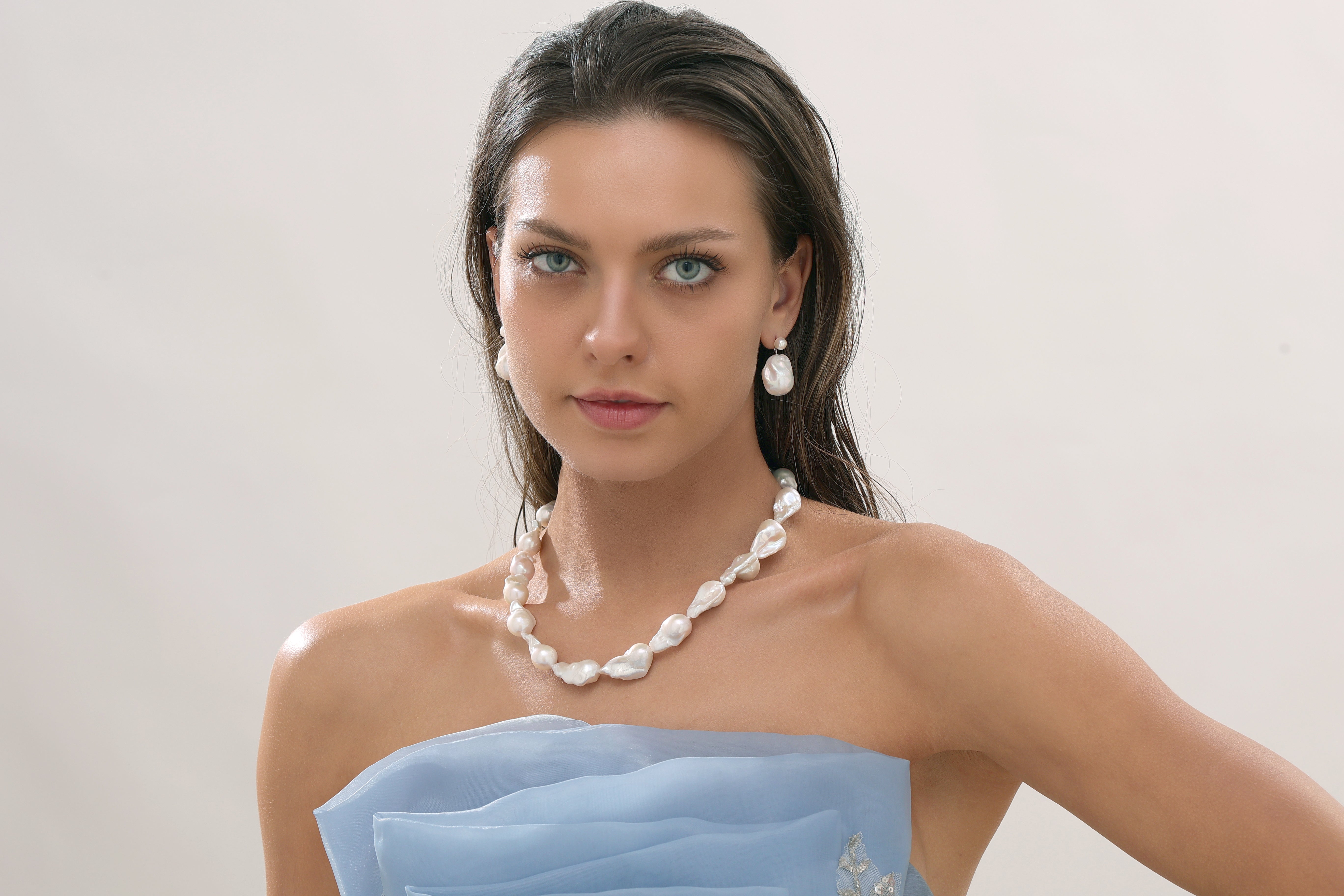 Dual-Tone Baroque Pearl Drop Earrings with Stud Top