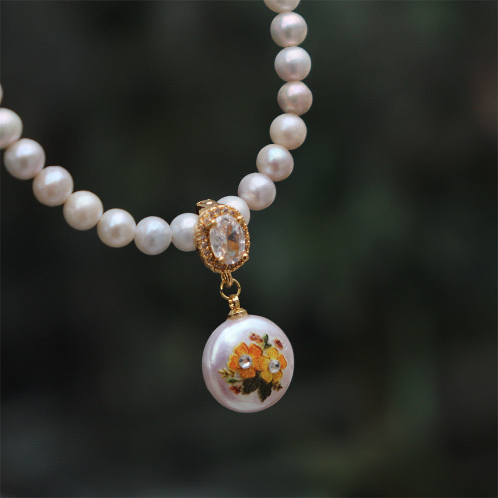 Hand-Painted Bee & Flower Baroque Pearl Clip Pendant Only