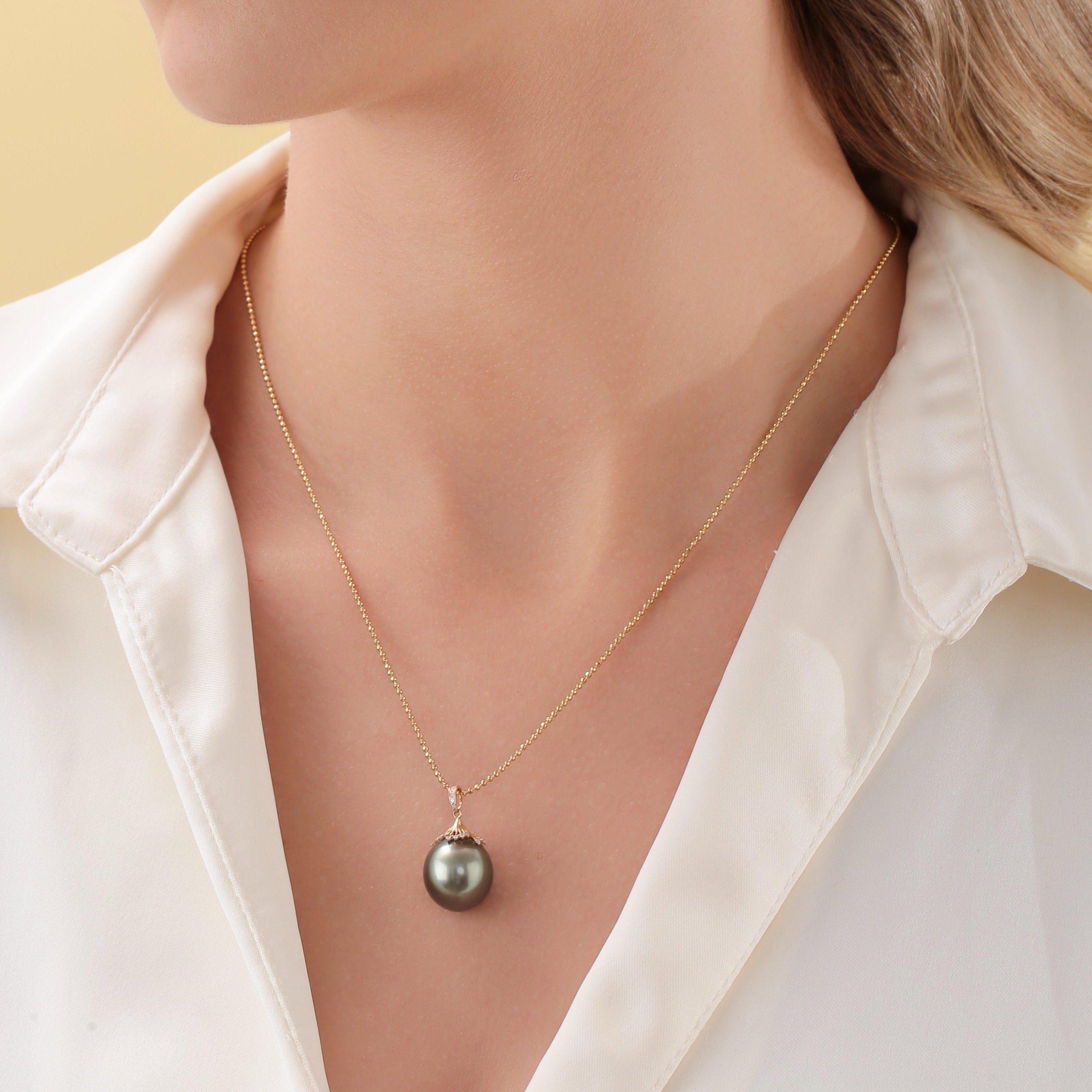 Large Tahitian Pearl Pendant Gold Bead Necklace