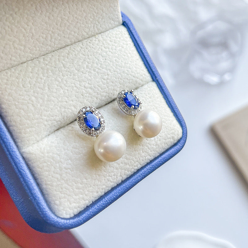 7-8mm Blue Crystal CZ Pearl Earrings