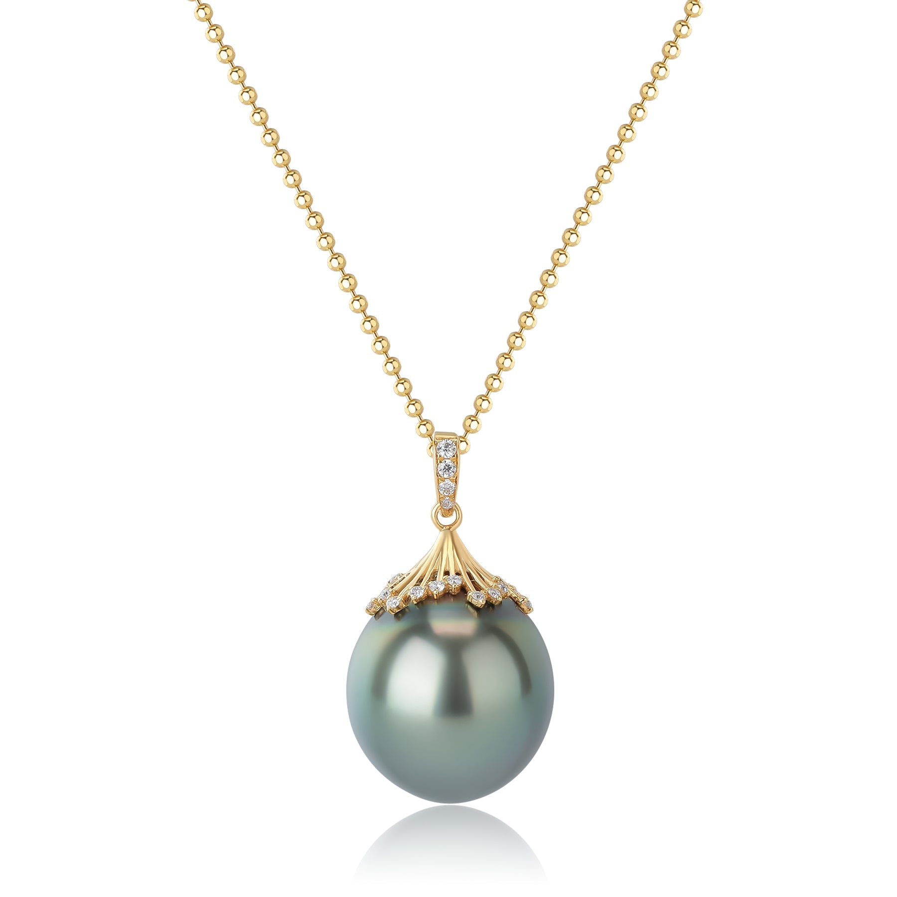 Large Tahitian Pearl Pendant Gold Bead Necklace