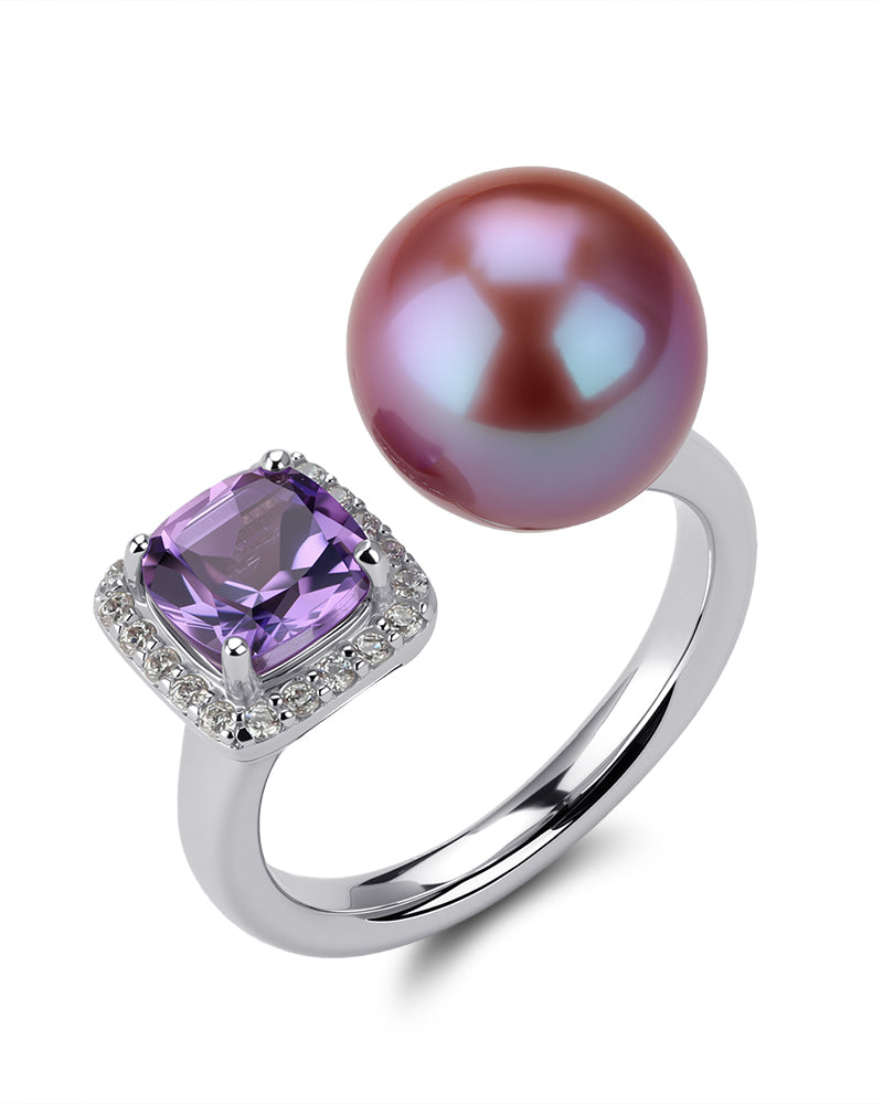 Aurora Iridescent Purple Pearl Ring with Large Amethyst Crystal