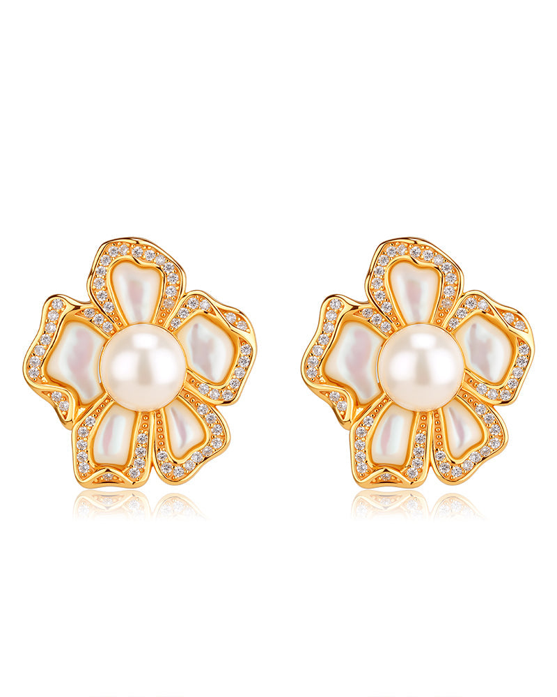 White Shell Flower Freshwater Pearl Earrings