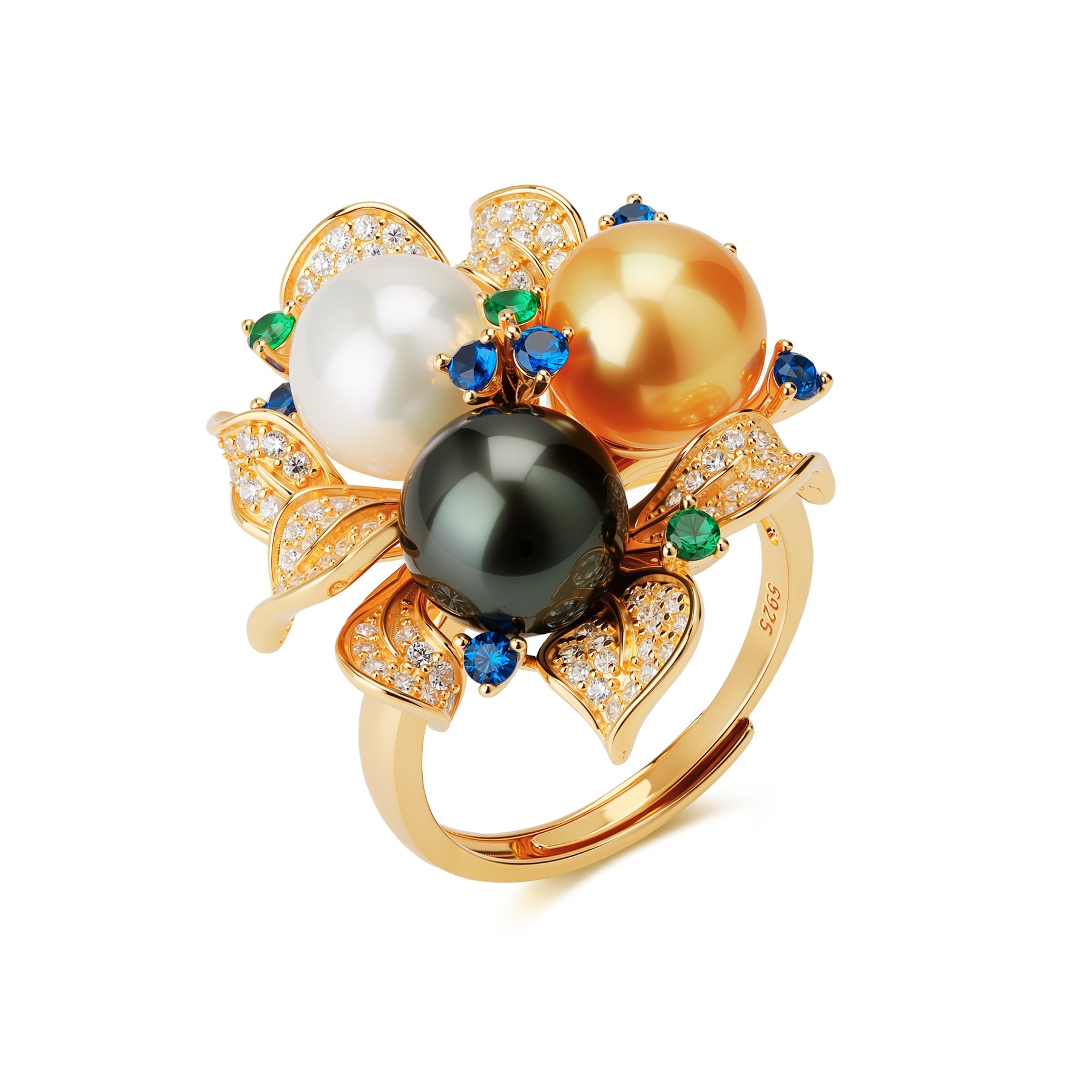 Three Color Pearl Floral Ring