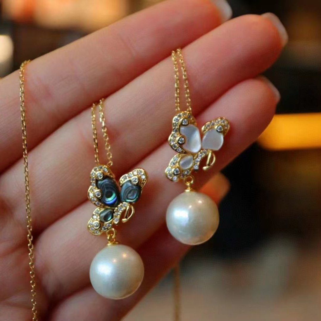 White Mother of Pearls Butterfly Earrings & Necklace
