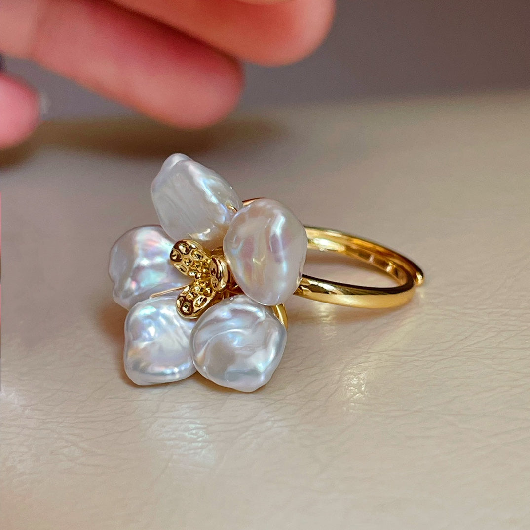 Keshi Pearl Flower Petal Earrings and Ring (Purchase Individually)