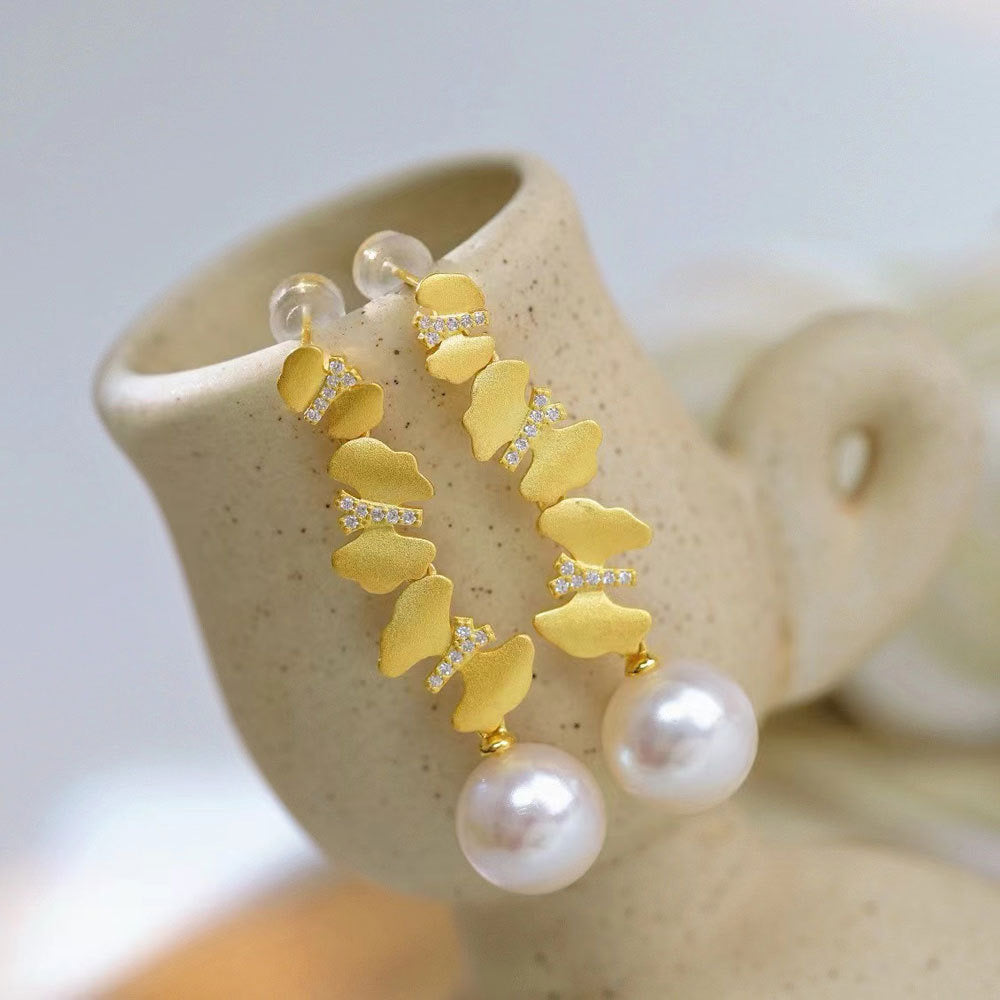 11-12mm Freshwater Pearl & Dancing Butterfly Earrings