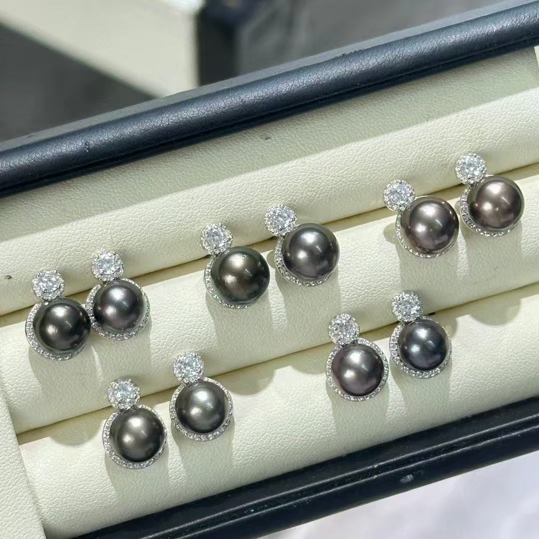 9-10mm Tahitian Pearl & Eline CZ Earrings