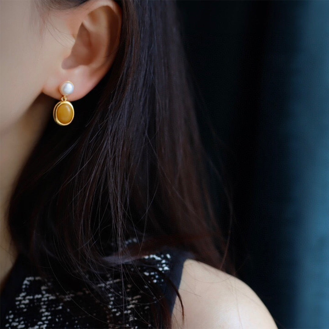 Natural Amber and Pearl Drop Earrings