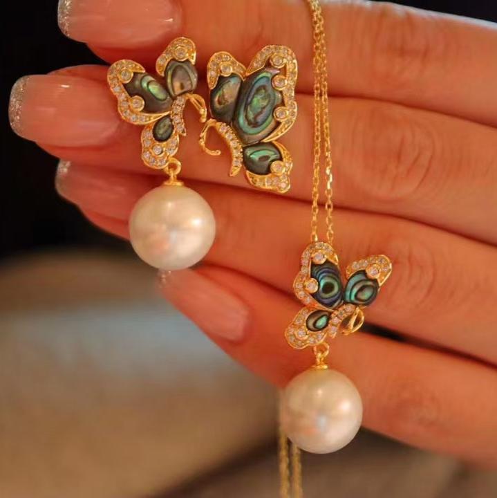Abalone Mother of Pearls Butterfly Earrings & Necklace