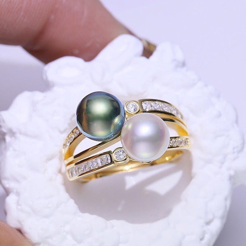 9-10mm Tahitian Black Pearl & Freshwater Pearl Ring