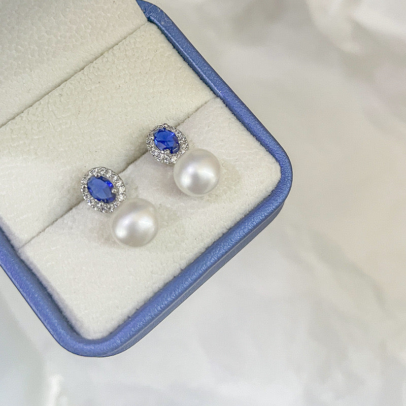 7-8mm Blue Crystal CZ Pearl Earrings