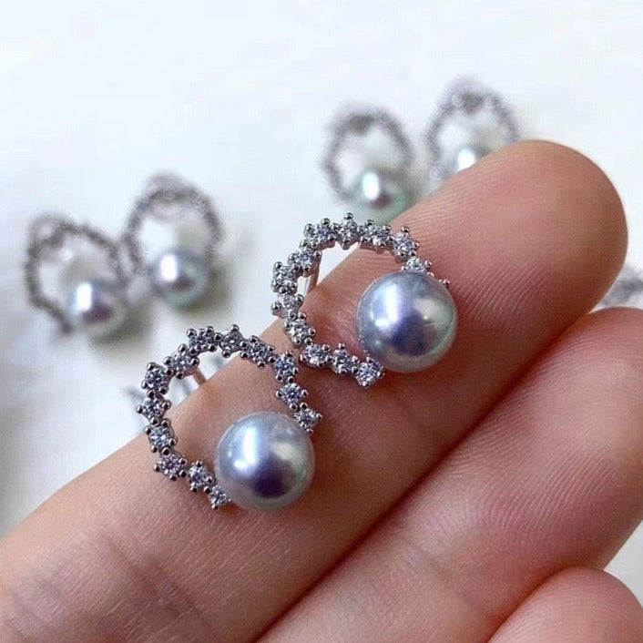 6-7mm Seawater Akoya Pearl & Cubic Zirconia Halo Stud Earrings