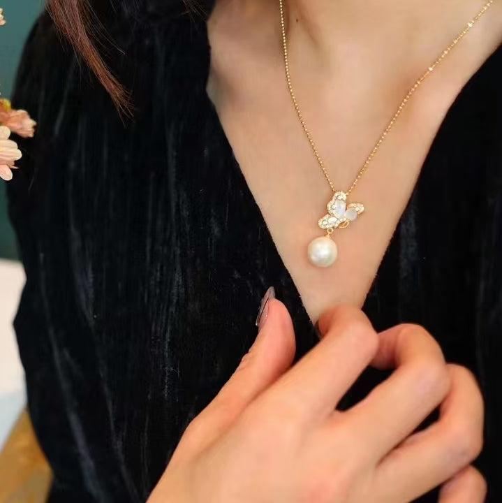 White Mother of Pearls Butterfly Earrings & Necklace