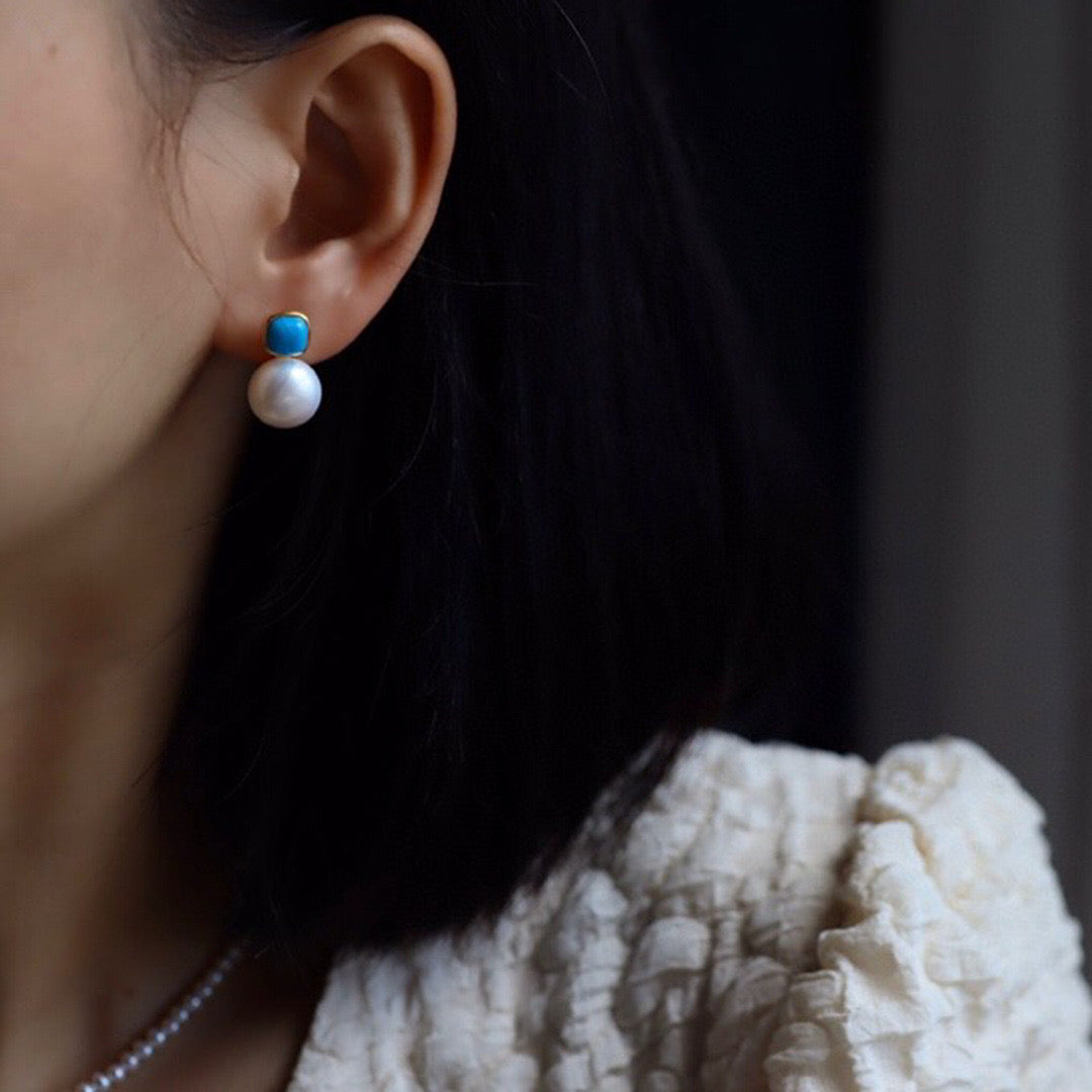 Blue Turquoise and Pearl Stud Earrings