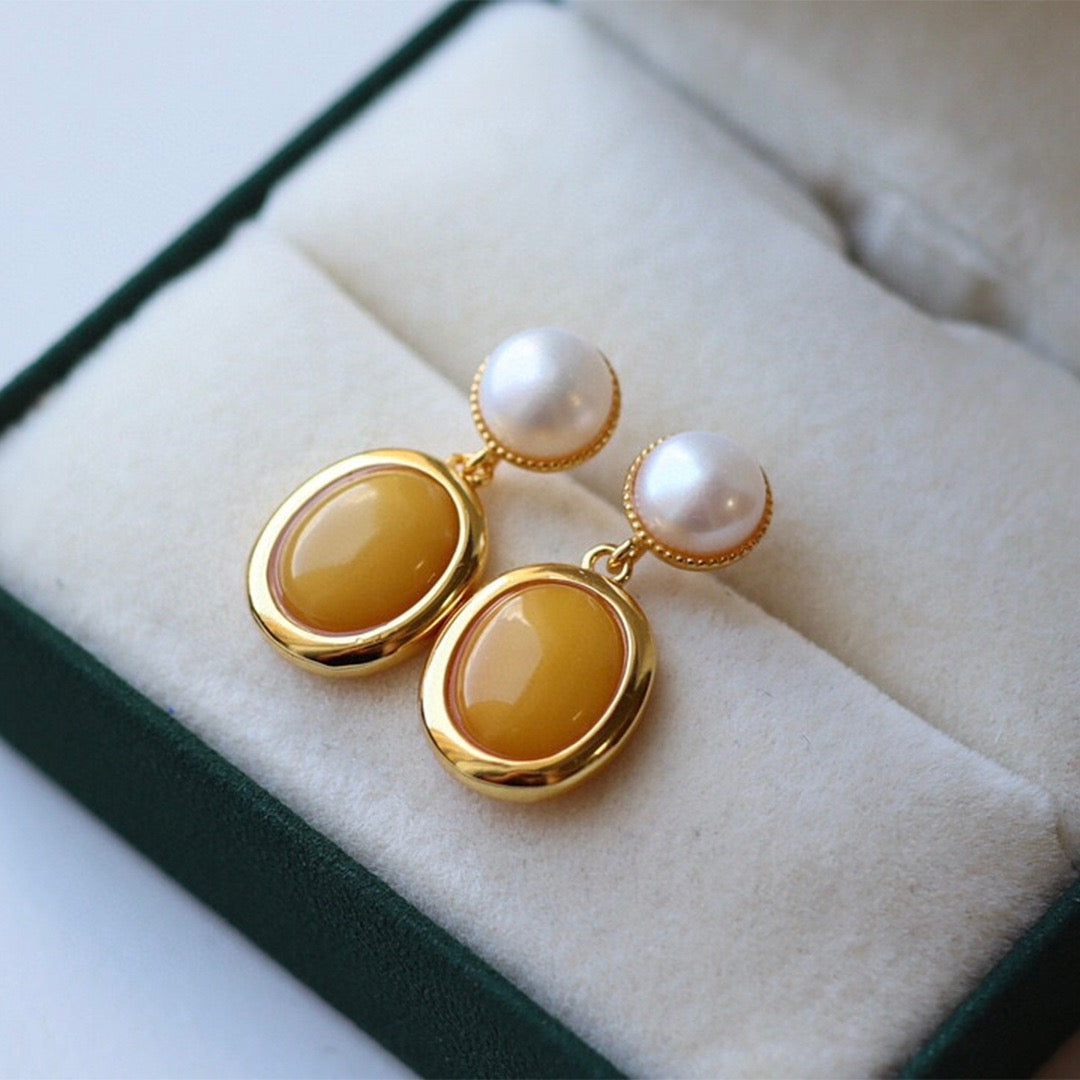 Natural Amber and Pearl Drop Earrings