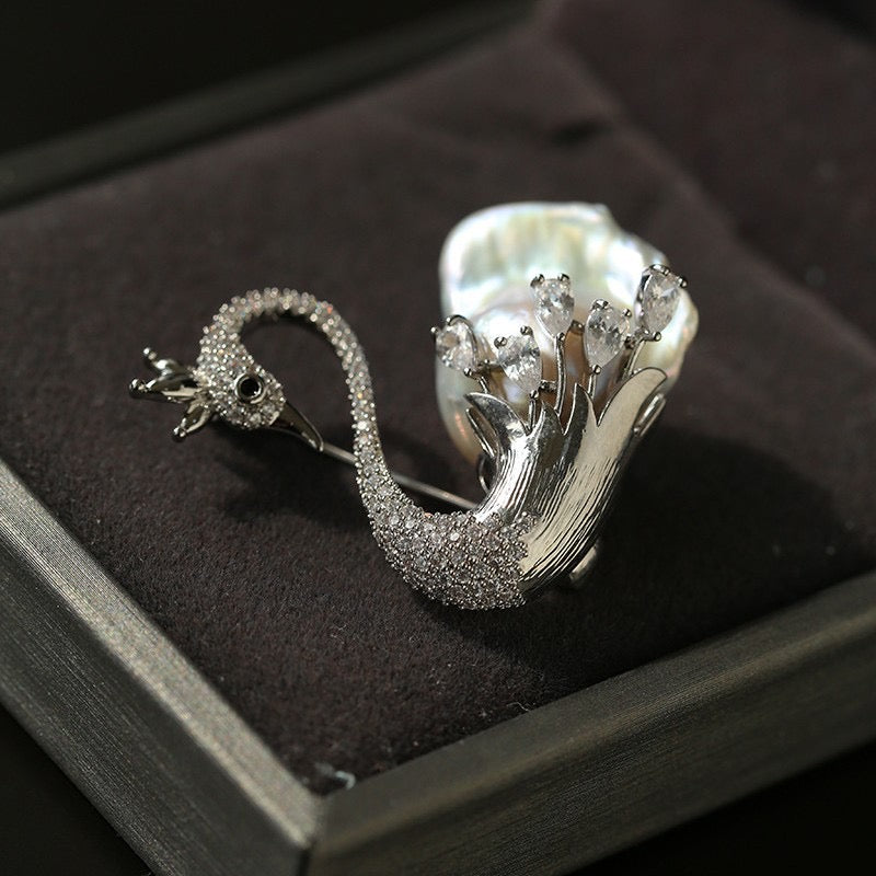 Baroque Pearl and Zirconia Swan Brooch