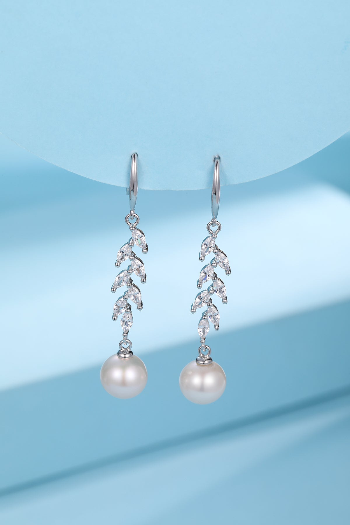 8-9mm Freshwater Pearl & Long Leaf Cubic Zirconia Earrings