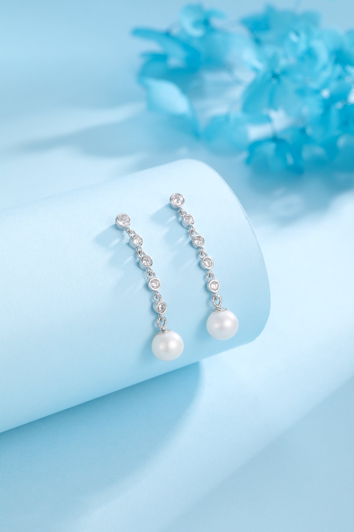 6-7mm Freshwater Pearl & Long Drop Cubic Zirconia Earrings
