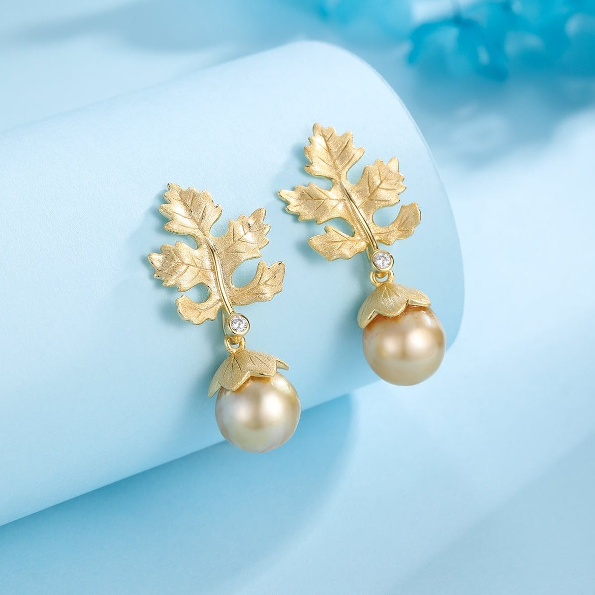 10-11mm Golden South Sea Baroque Pearl & Maple Leaf Earrings
