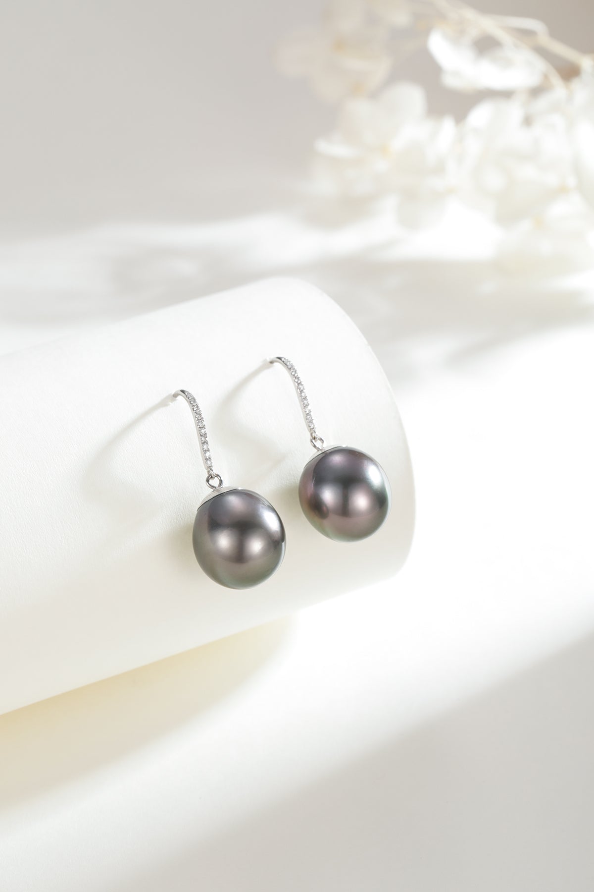 11-12 mm Tahitian Drop Pearl Earrings -18K White Gold