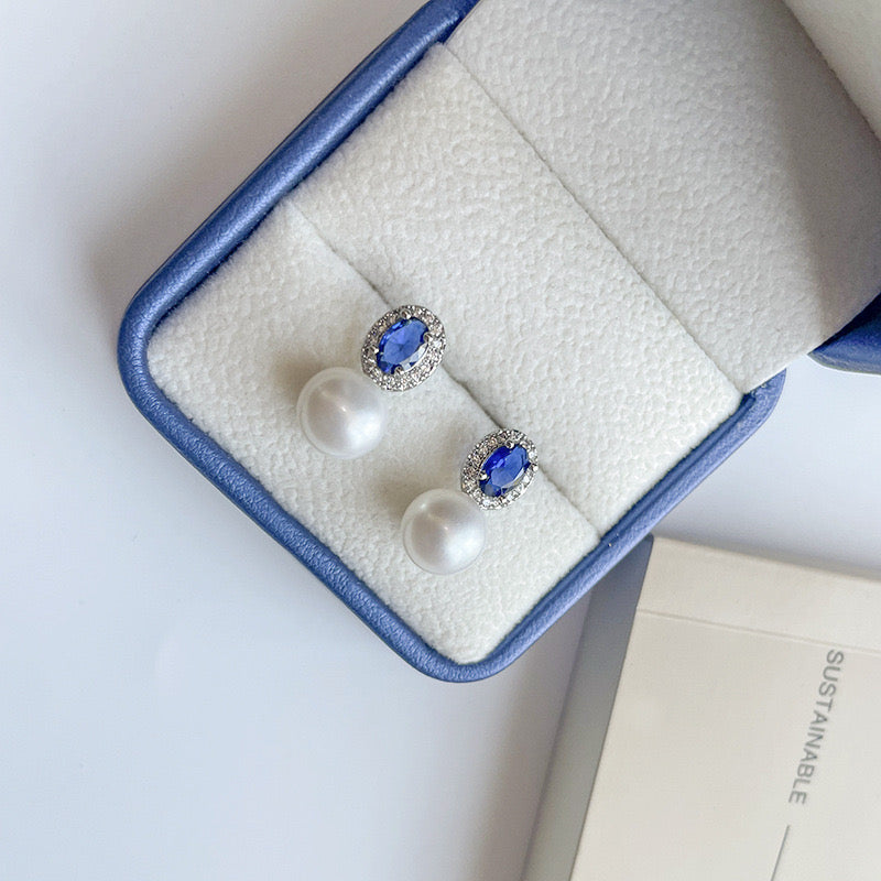 7-8mm Blue Crystal CZ Pearl Earrings