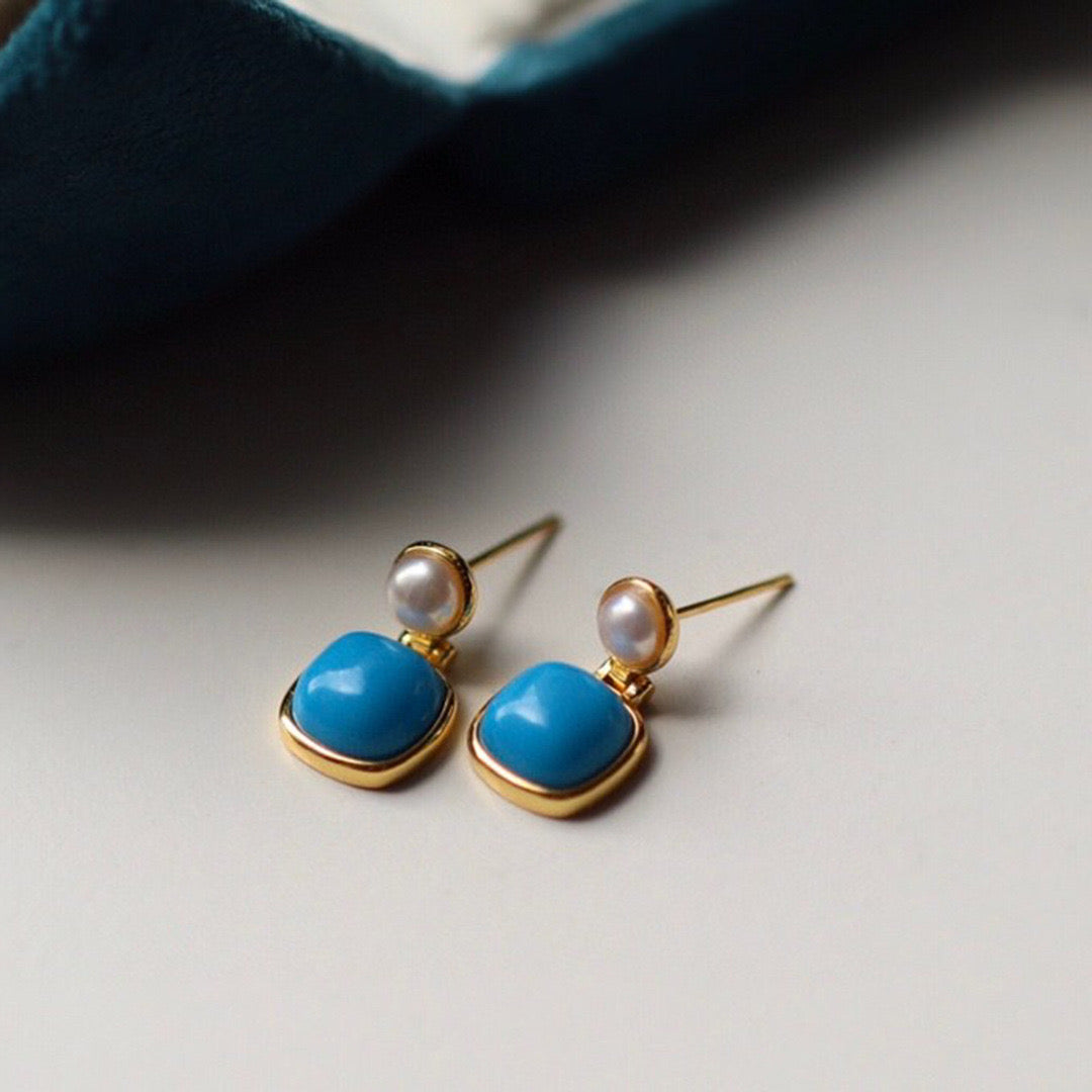 Blue Turquoise and Freshwater Pearl Drop Earrings