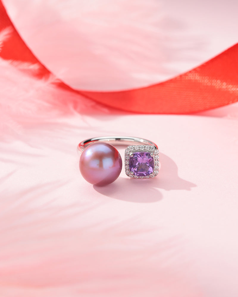 Aurora Iridescent Purple Pearl Ring with Large Amethyst Crystal