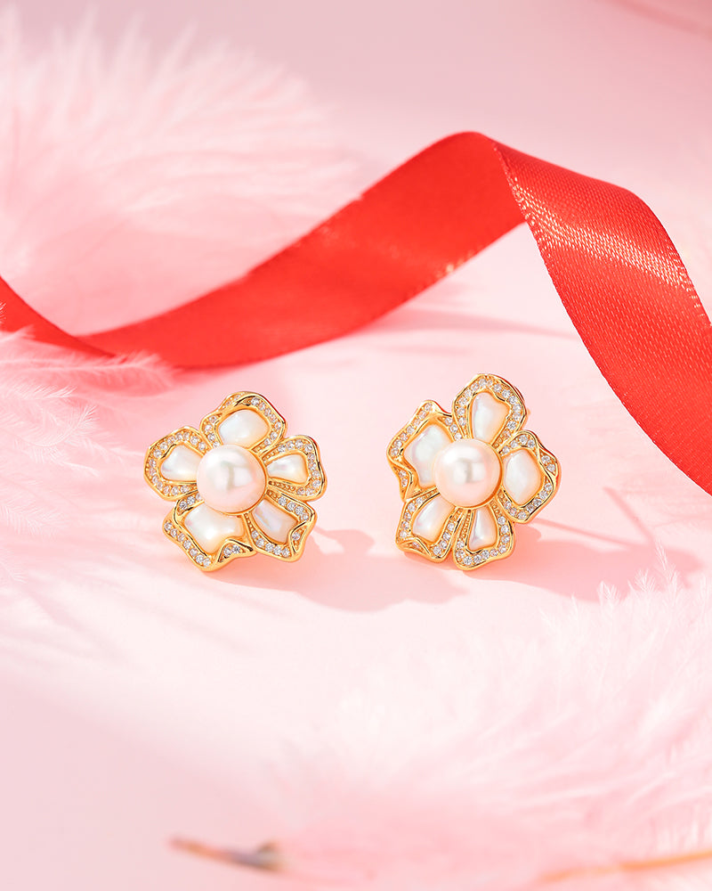 White Shell Flower Freshwater Pearl Earrings