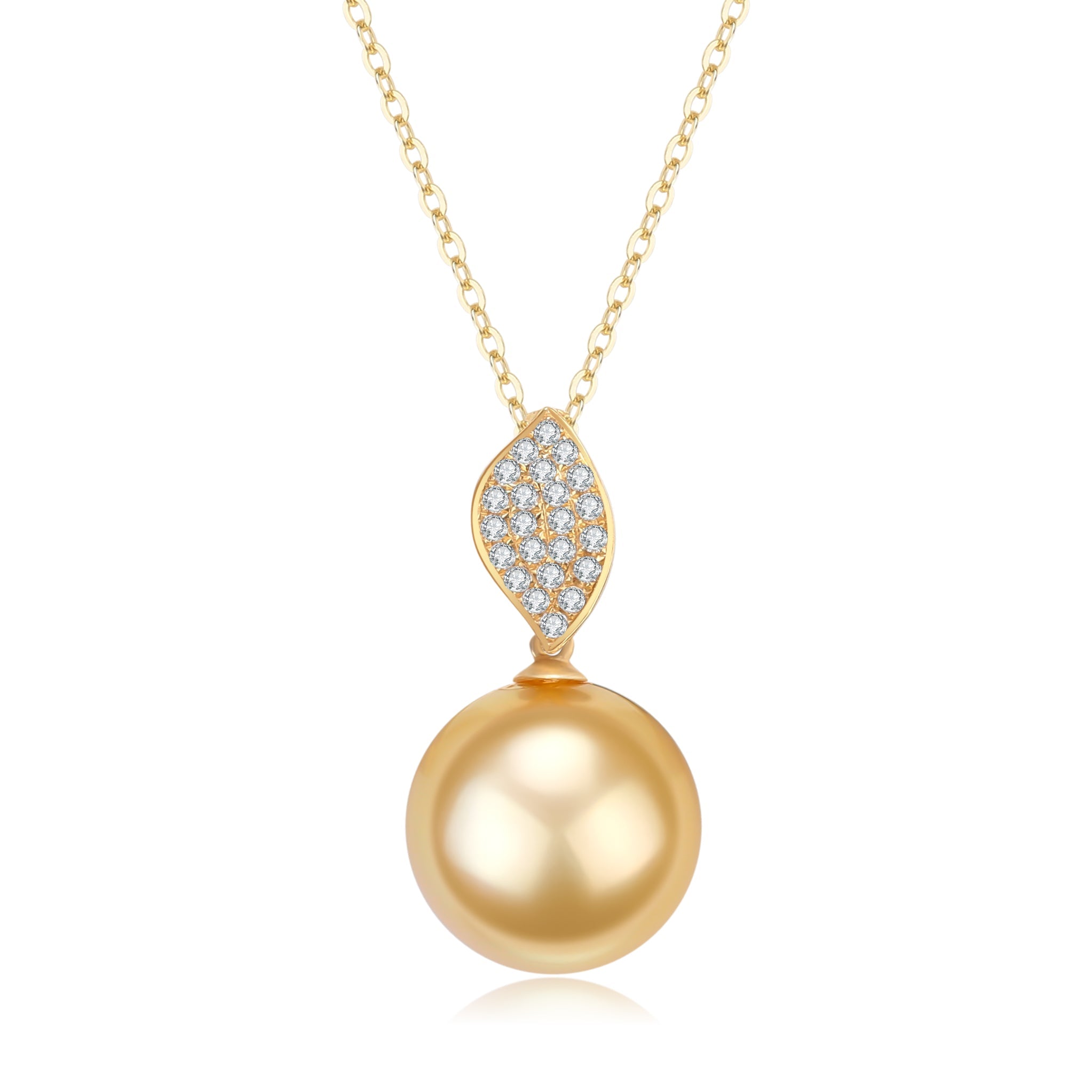 11-12mm Golden South Sea Pearl & Leaf Pendant Necklace 18K Gold