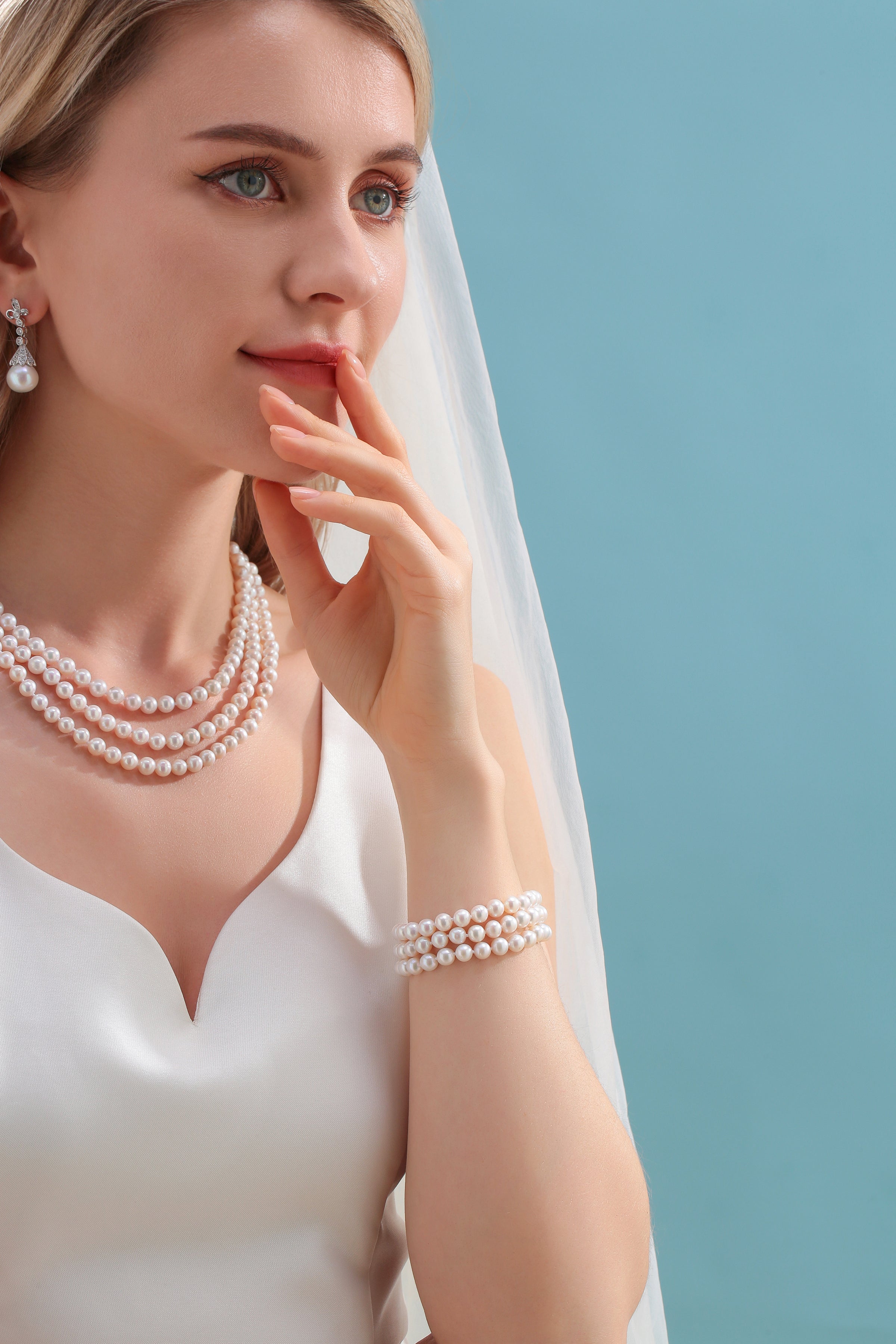 5-6mm Triple Strand Freshwater Pearls Necklace Bracelet Set(Purchase Individually)
