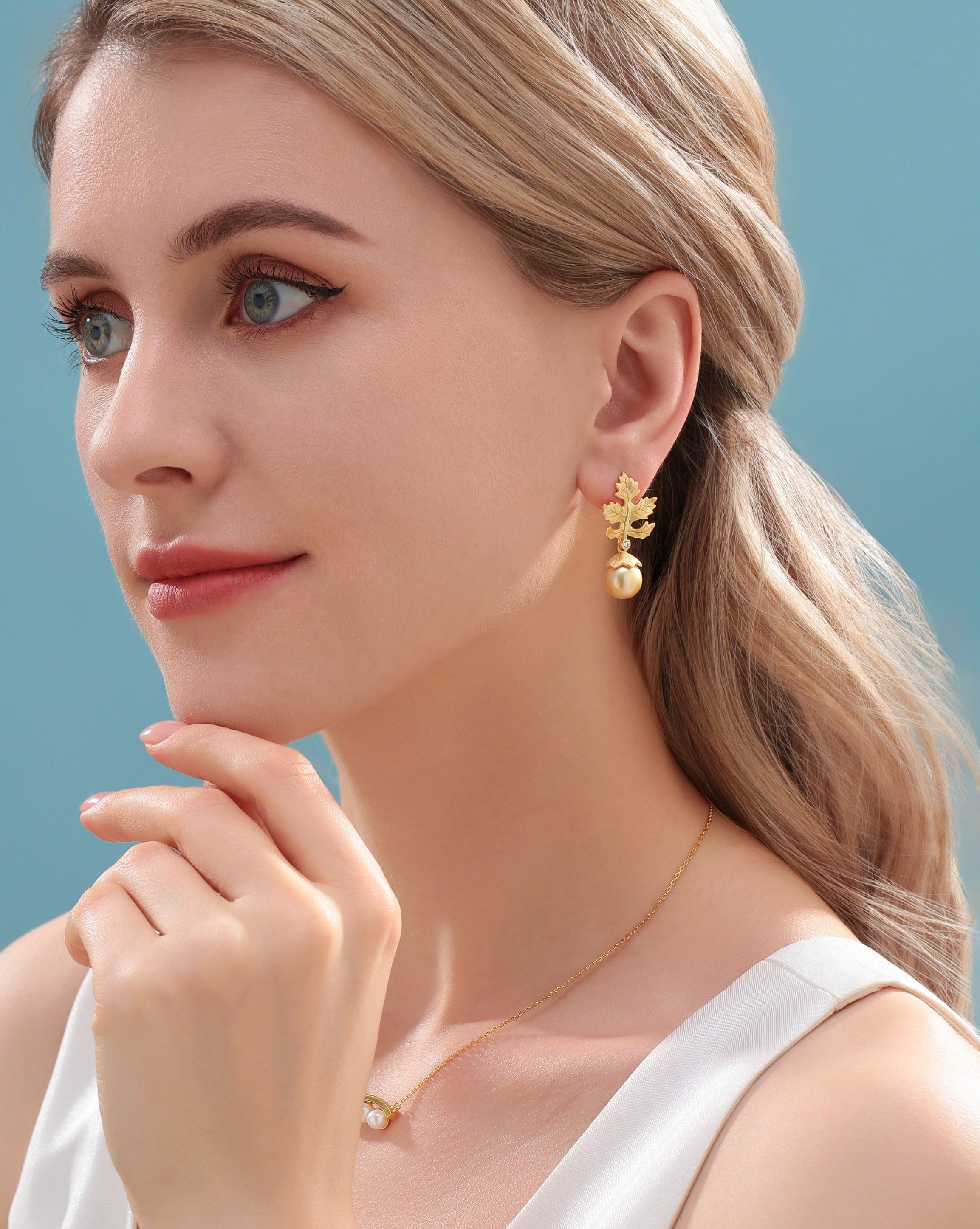 10-11mm Golden South Sea Baroque Pearl & Maple Leaf Earrings