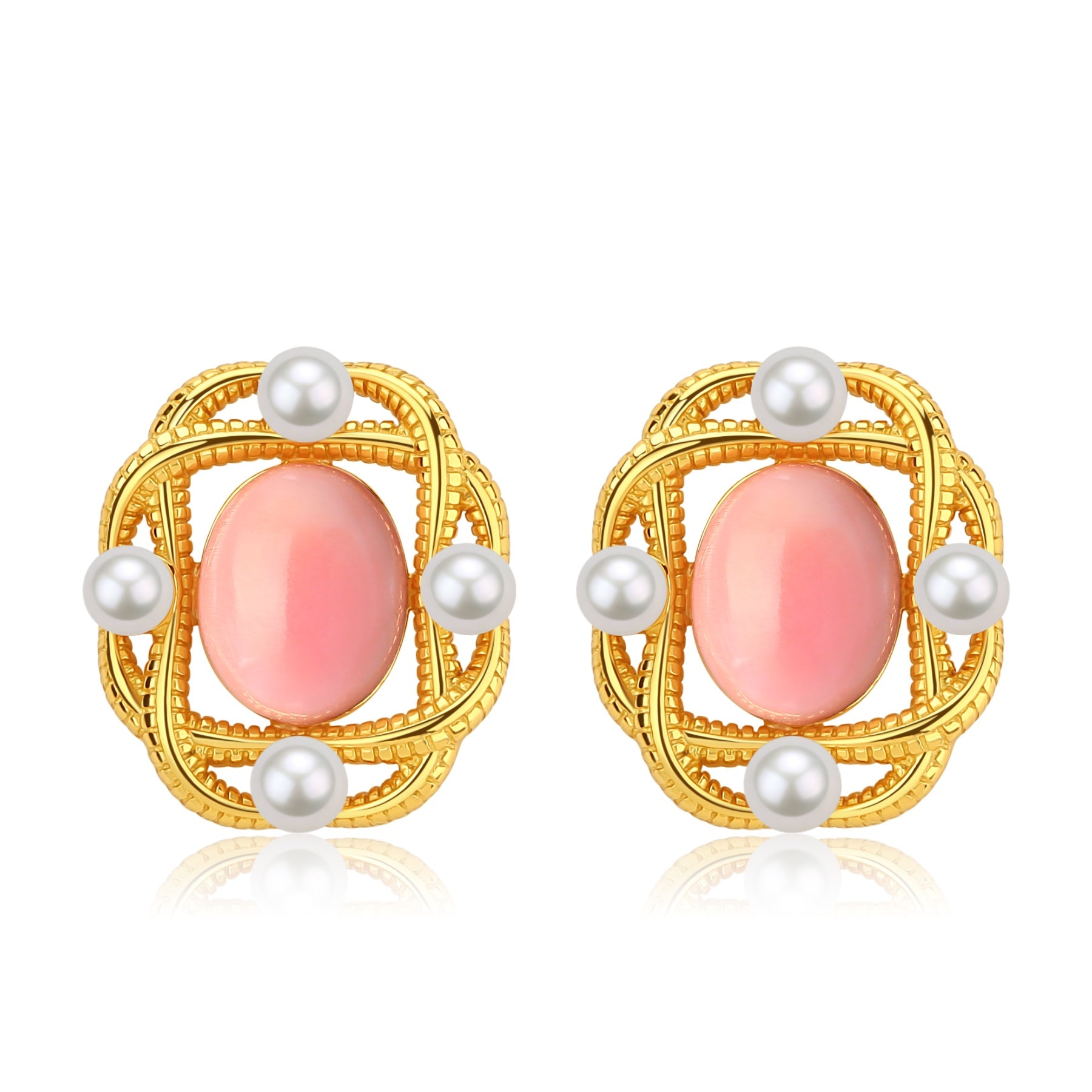 Square Pink Queen Conch Shell Pearls Earrings Gold Vermeil