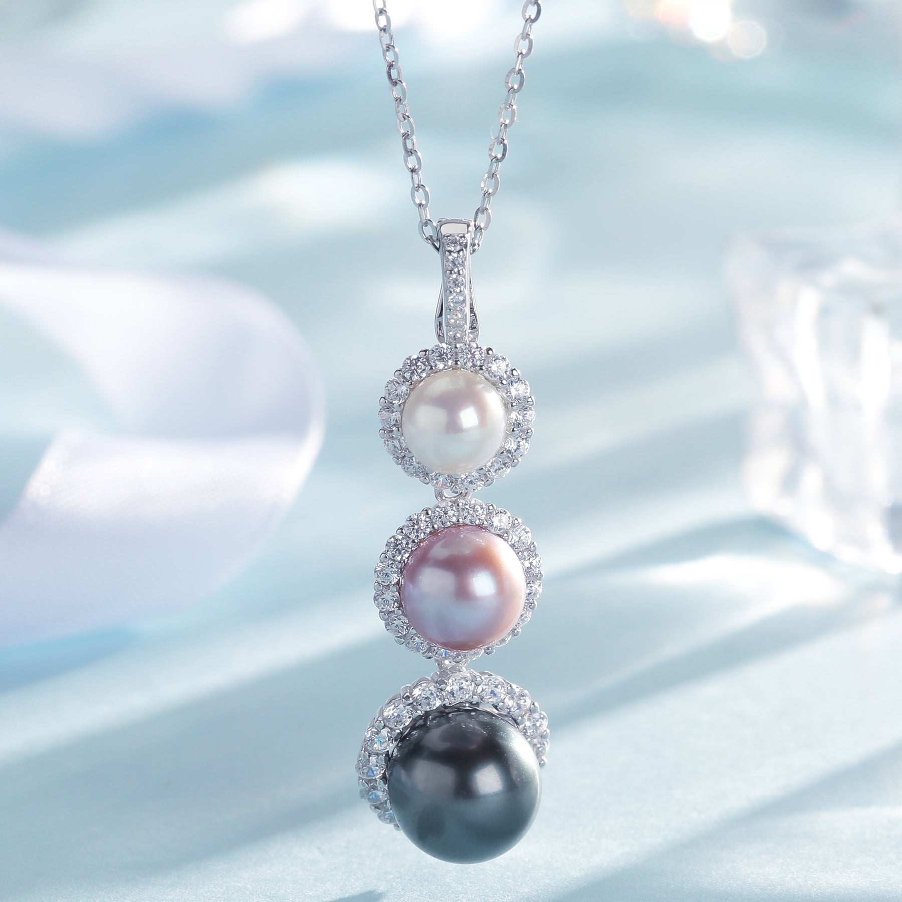 Three Pearls Radiant Trio Pearl Pendant Necklace