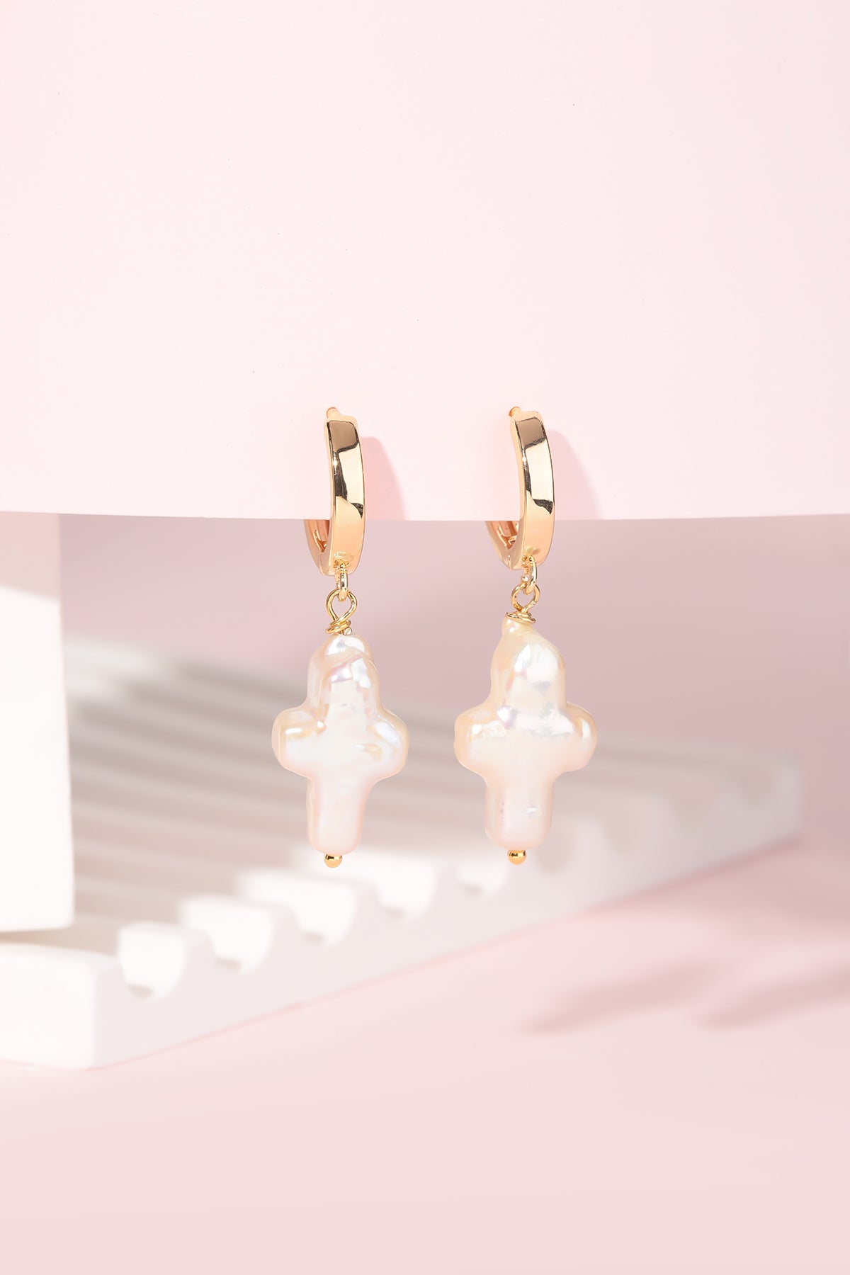 Cross Pearl Hoop Earrings
