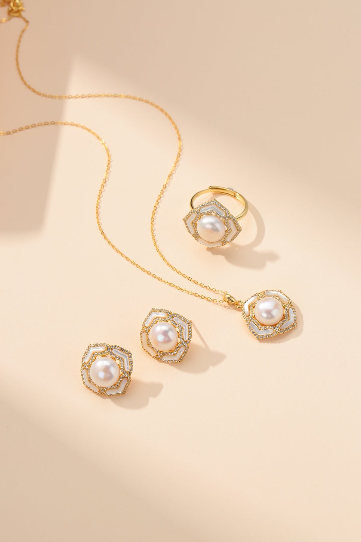 Button Pearls & Zinnia Floral Necklace Earrings Set ( Purchase Individually)
