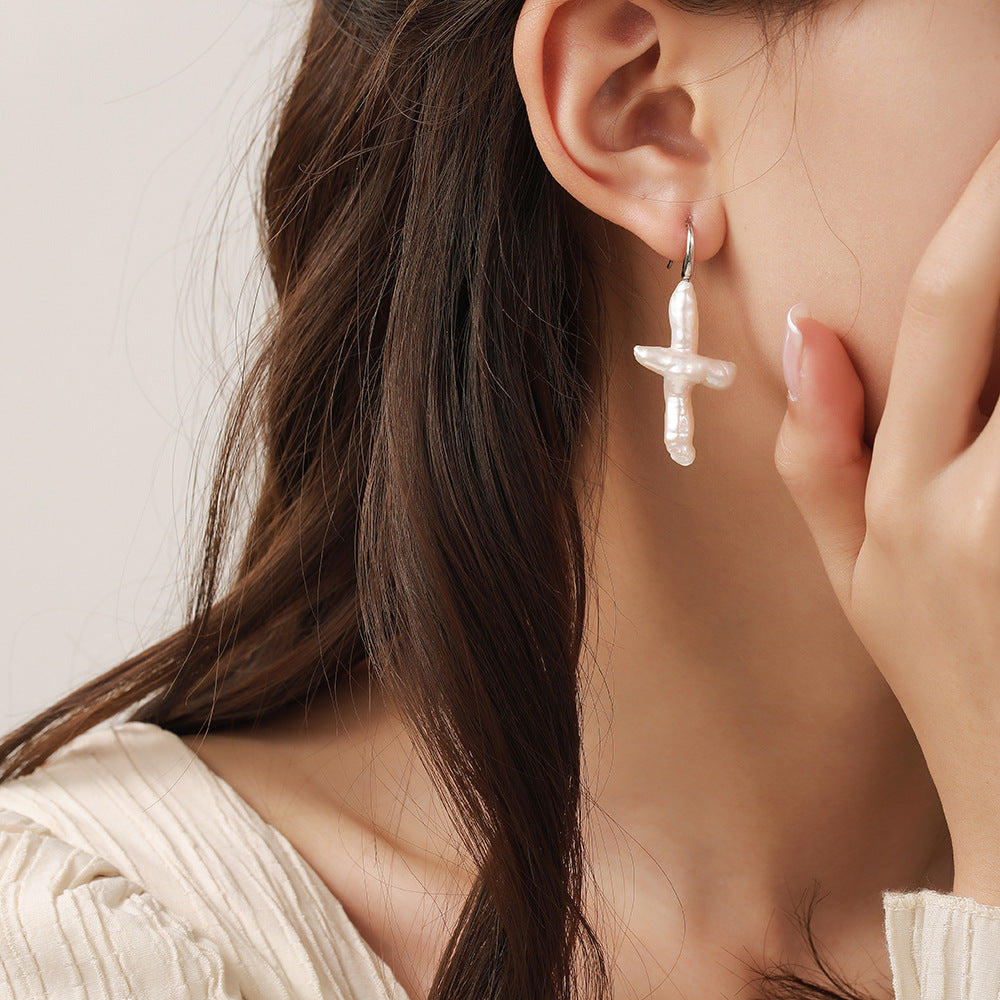 Cross Pearl Hook Earrings