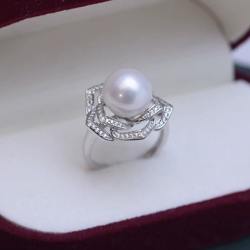 10-11mm Freshwater Pearl Camellia Cubic Zirconia Ring
