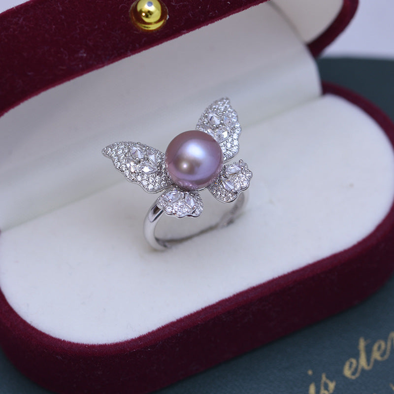 9-10mm Freshwater Pearl Butterfly &Cubic Zirconia Ring
