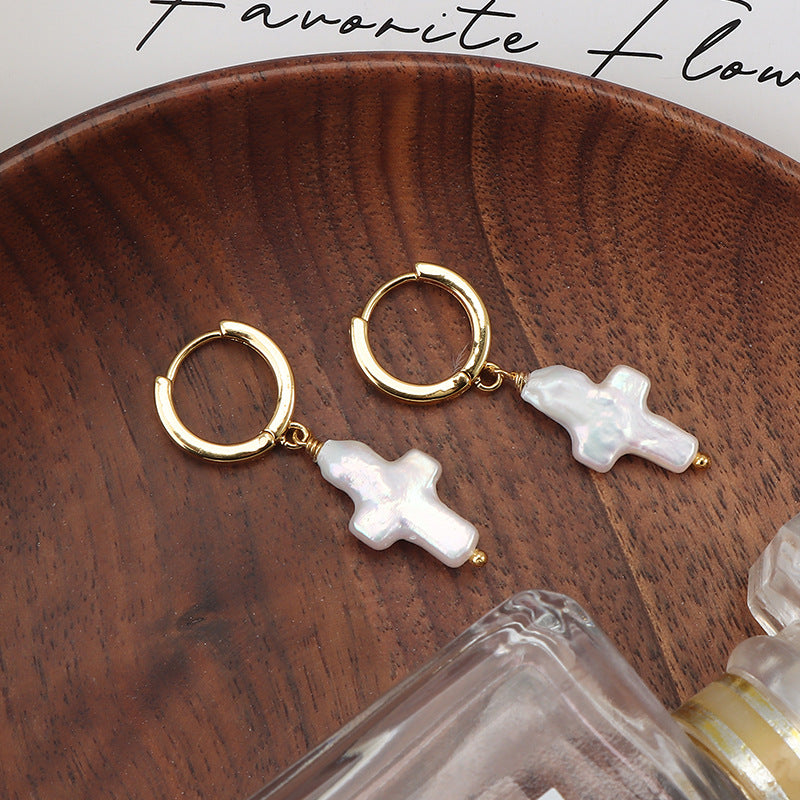 Cross Pearl Hoop Earrings