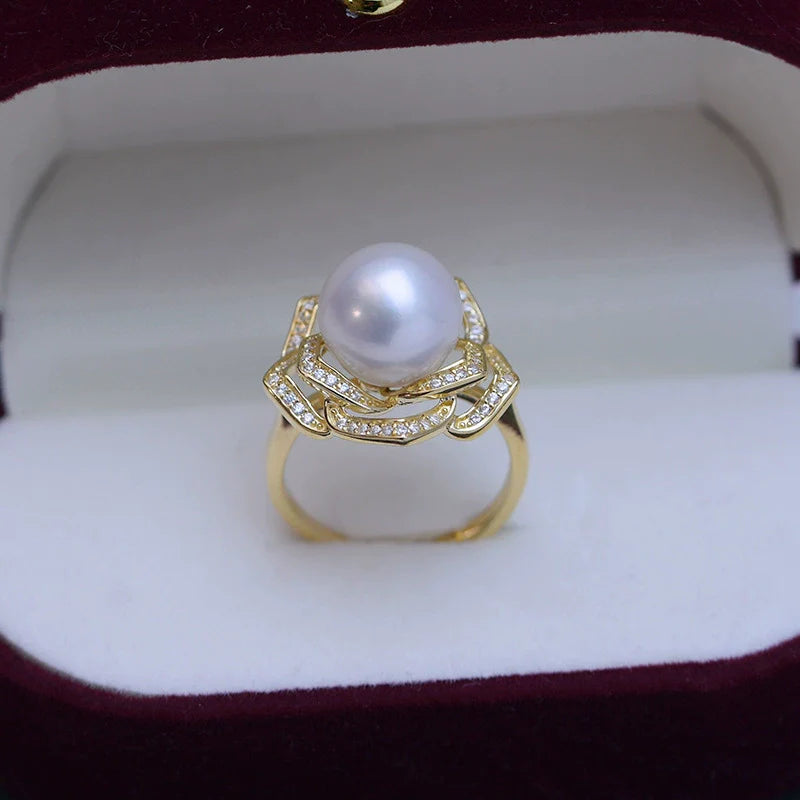 10-11mm Freshwater Pearl Camellia Cubic Zirconia Ring