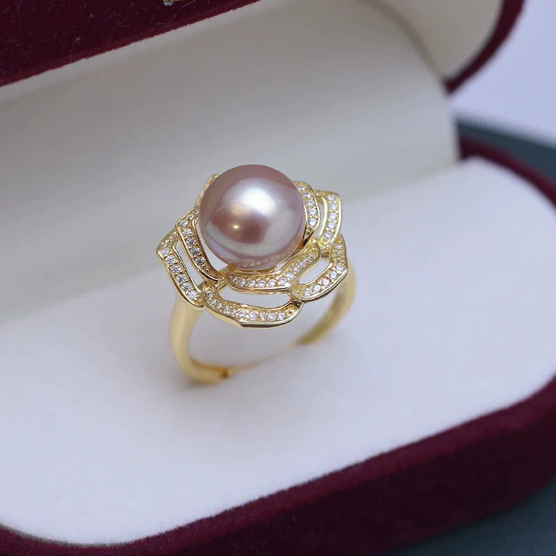 10-11mm Freshwater Pearl Camellia Cubic Zirconia Ring