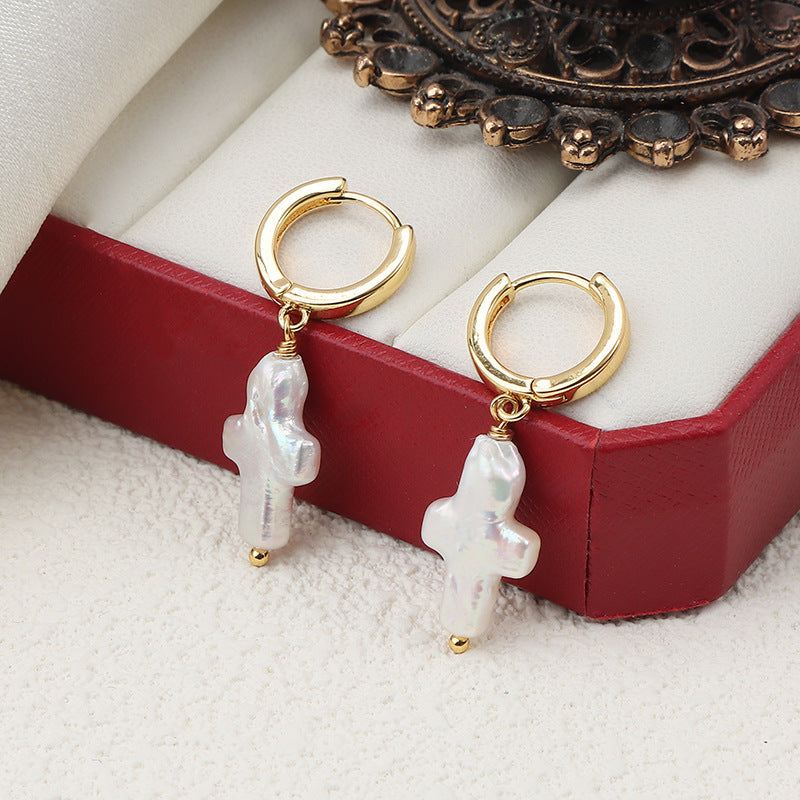 Cross Pearl Hoop Earrings