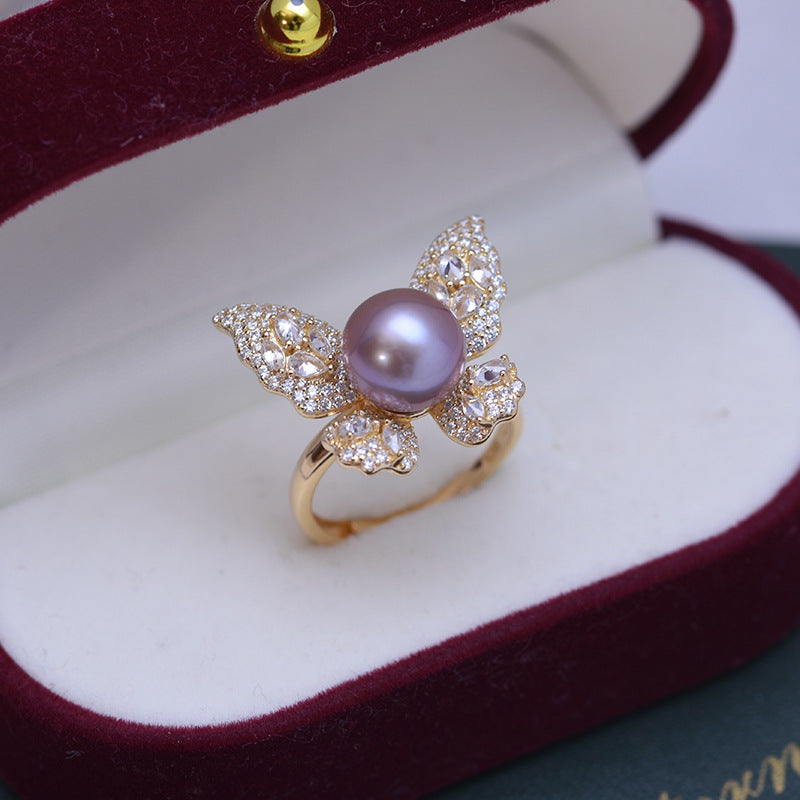 9-10mm Freshwater Pearl Butterfly &Cubic Zirconia Ring