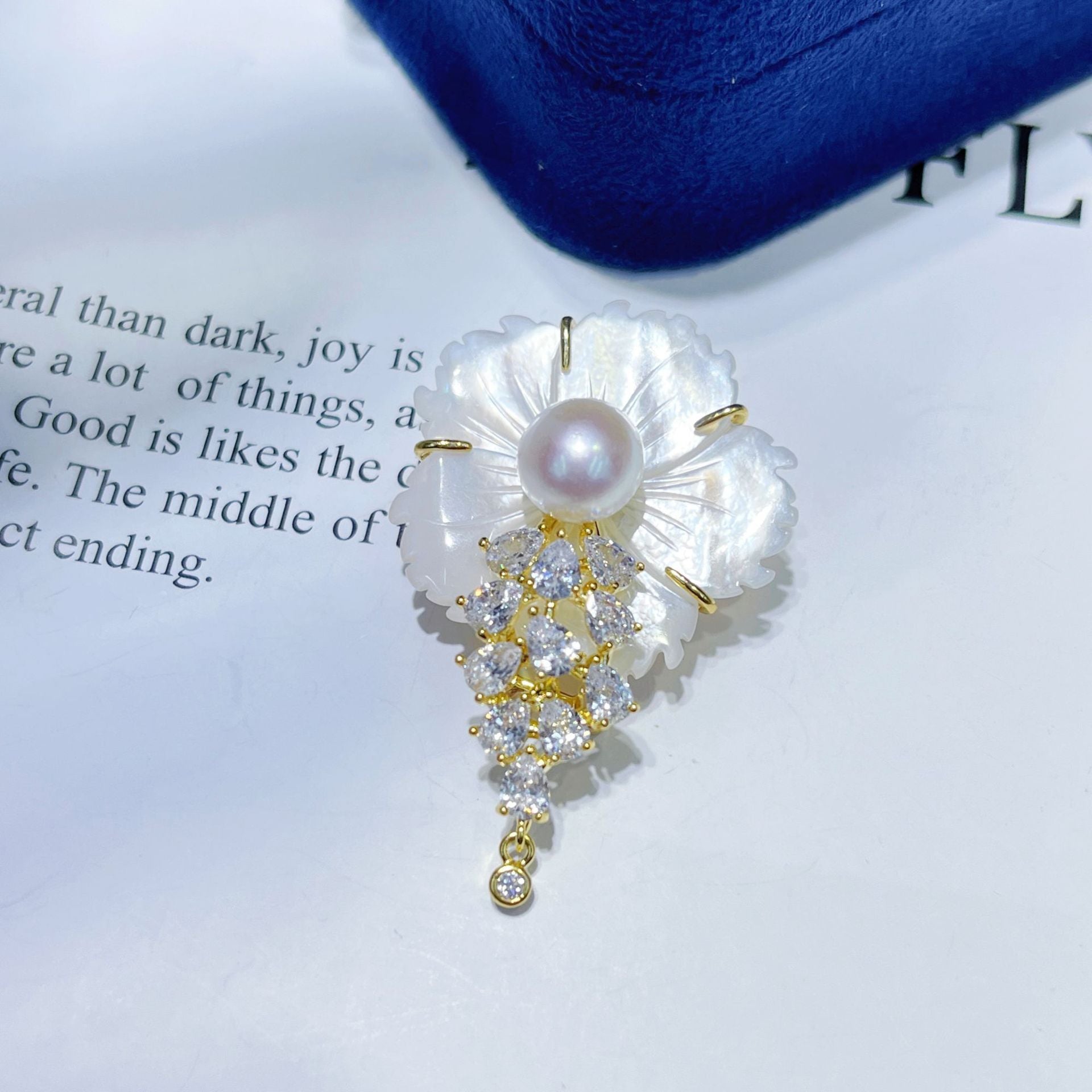 Shell Carved Flower Pearl Cubic Zirconia Brooch