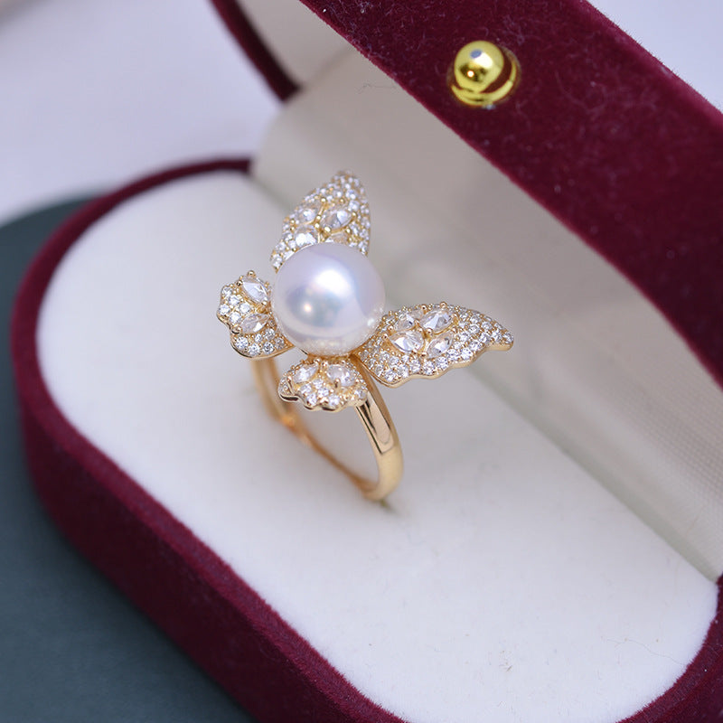 9-10mm Freshwater Pearl Butterfly &Cubic Zirconia Ring