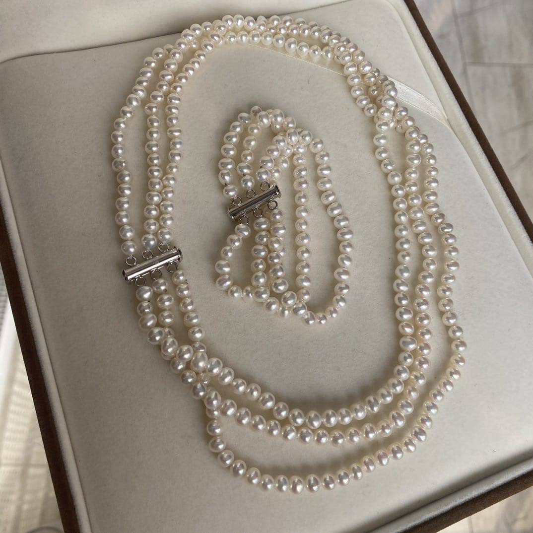 5-6mm Triple Strand Freshwater Pearls Necklace Bracelet Set(Purchase Individually)