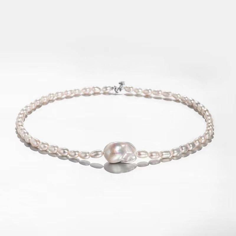 Baroque and Rice Pearl Necklace and Bracelet Set with Adjustable Chains