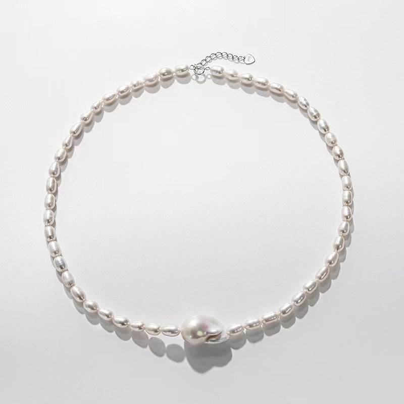 Baroque and Rice Pearl Necklace and Bracelet Set with Adjustable Chains