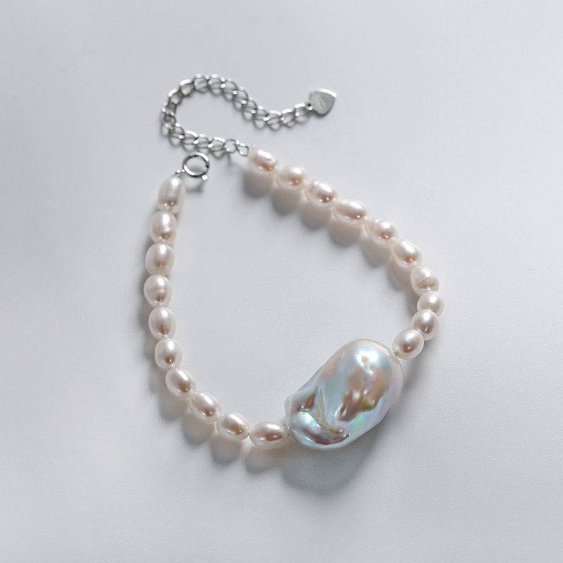 Baroque and Rice Pearl Necklace and Bracelet Set with Adjustable Chains